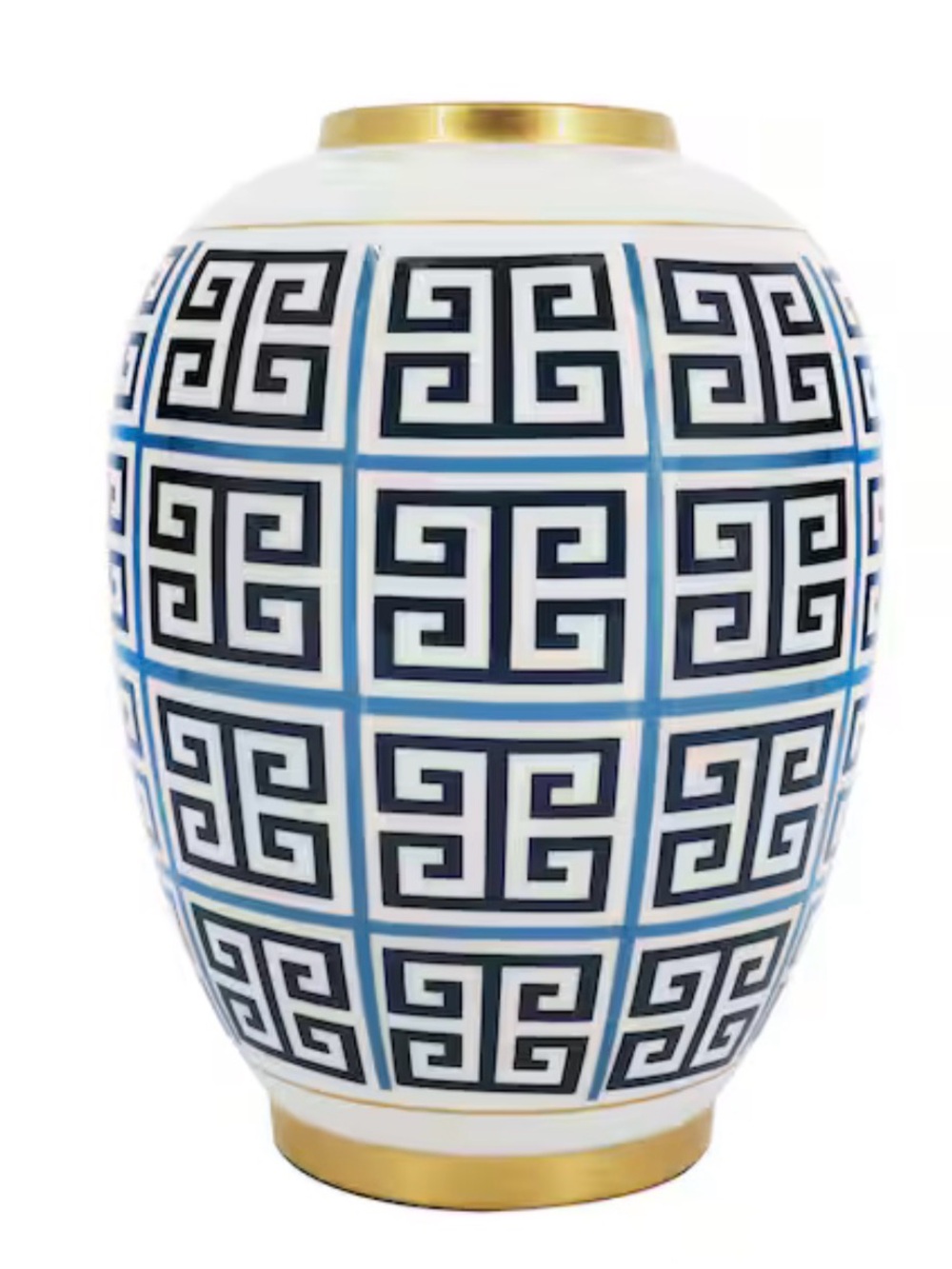 Jonathan Adler White Ceramic Garden Stool with Blue Greek Key and Gold Trim